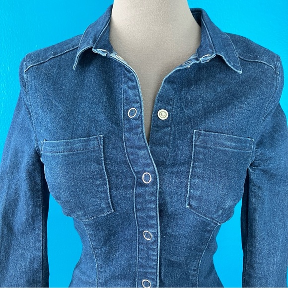 Fitted Denim Mini Dress w/ Long Sleeves in Dark Wash Blue Jean Size 2 XS - Picture 2 of 9